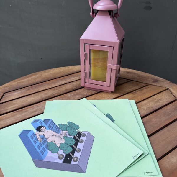 Un cube sur lequel repose des immeubles et un personnage