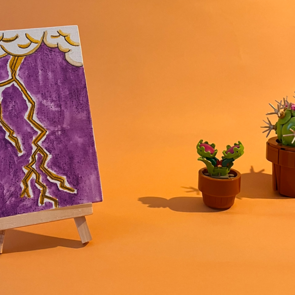 Photographie de l'oeuvre unique originale : on voit un éclair qui fend le fond violet et un nuage avec ses reflets lumineux