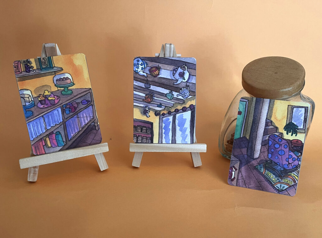 Photo des trois cartes mini format sur le thème du salon de thé