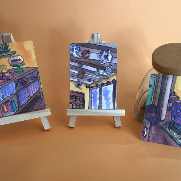 Photo des trois cartes mini format sur le thème du salon de thé