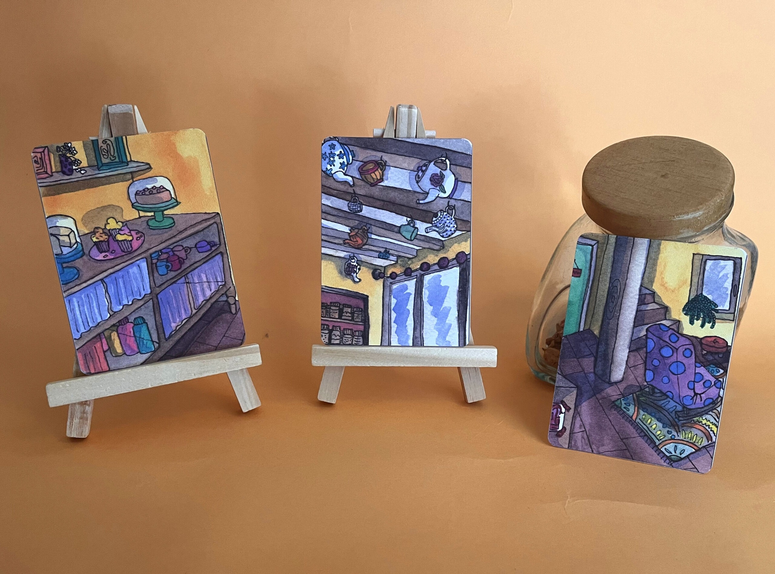 Photo des trois cartes mini format sur le thème du salon de thé