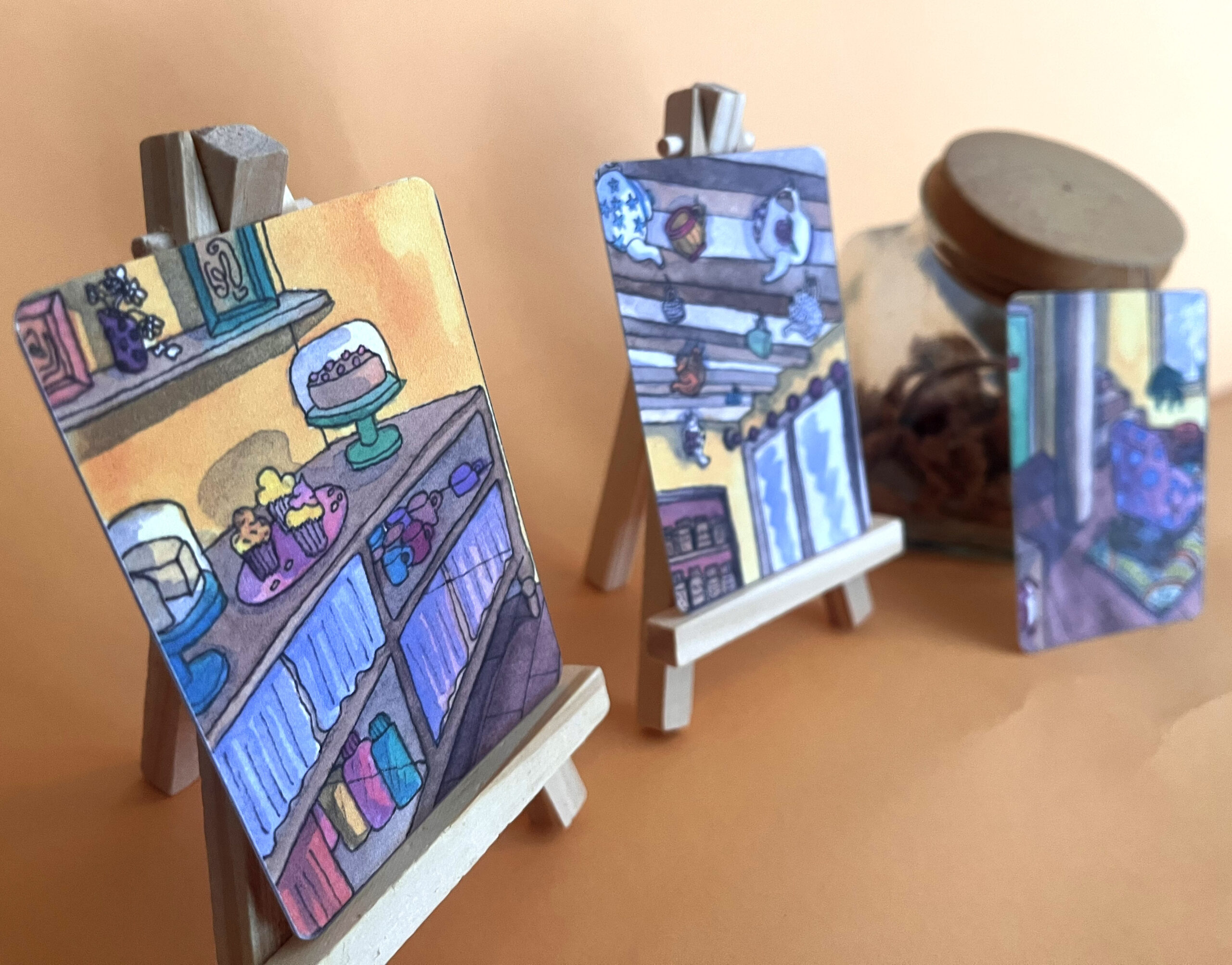 Photo des trois cartes mini format sur le thème du salon de thé