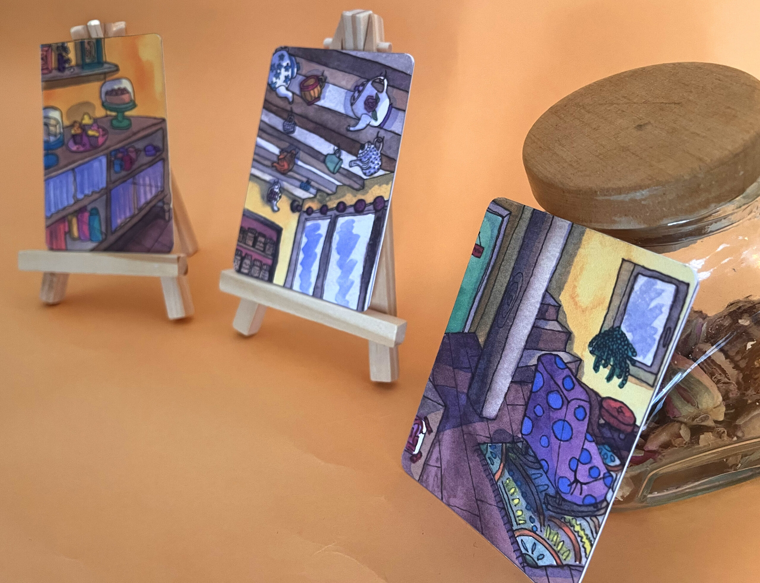 Photo des trois cartes mini format sur le thème du salon de thé