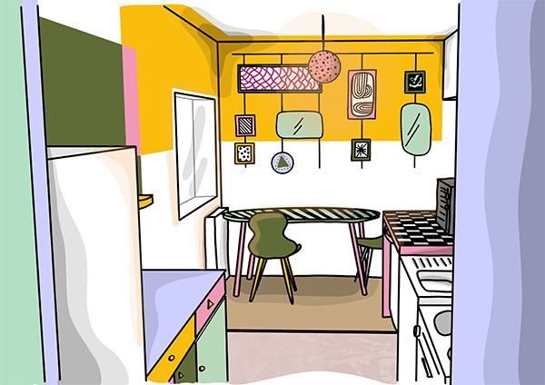 exemple de croquis de cuisine à la Memphis Design