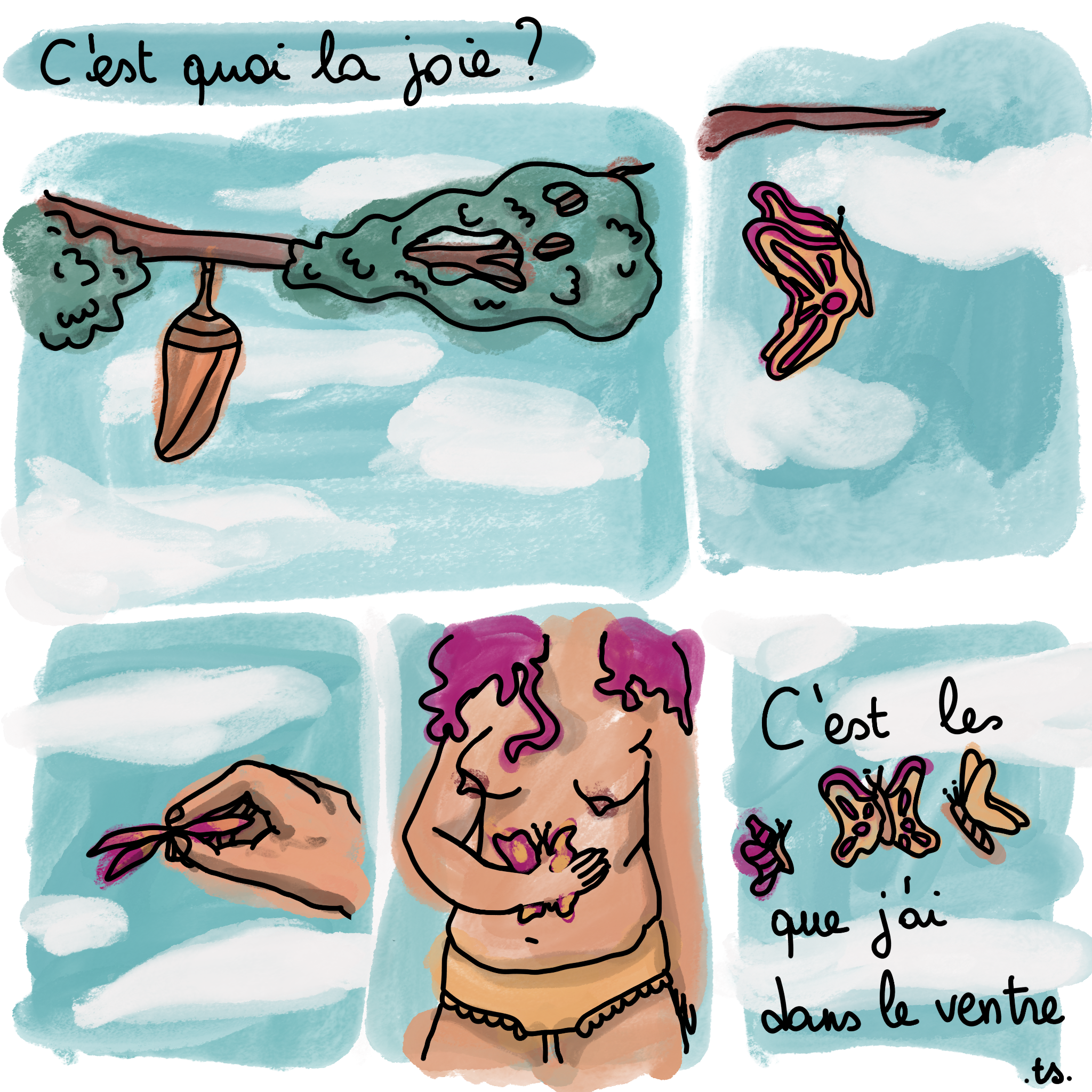 Planche de BD sur la joie et les papillons